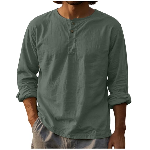 Stamzod Mens Cotton Linen Henley Shirts Long Sleeve Hippie Summer Beach Tops Casual T-Shirt Army Green M