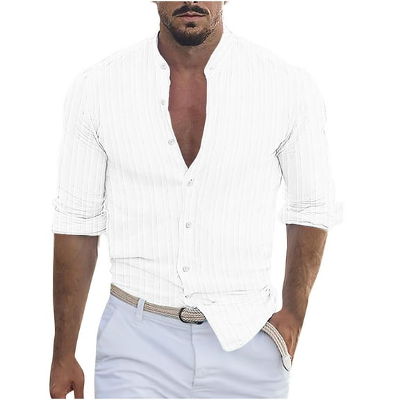 Stamzod Mens Cotton Linen Shirt Casual Button Down Long Sleeve Hawaiian Shirts Slim Fit Solid Ribbed Elegant Beach Shirts