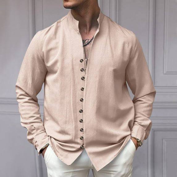 Stamzod Mens Cotton Linen Shirts Long Sleeve Button Down Hawaiian Shirts Vintage Casual Mock Collar Tops Loose Fit Vacation Beach Shirt on