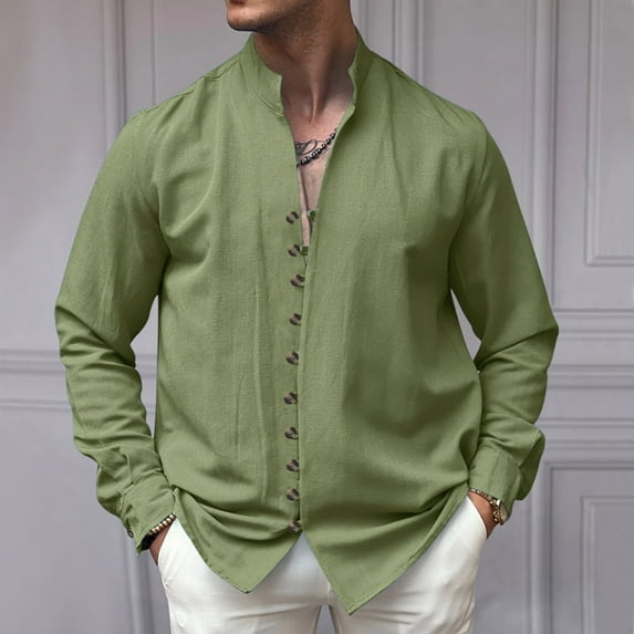 Stamzod Mens Cotton Linen Shirts Long Sleeve Button Down Hawaiian Shirts Vintage Casual Mock Collar Tops Loose Fit Vacation Beach Shirt