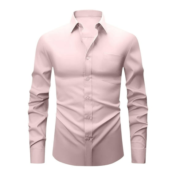 Stamzod Mens Dress Shirts Fashion Solid Color Long Sleeve Button Down Shirt Men Officewear Casual Business Work Shirts for Party Wedding Pink XXXL