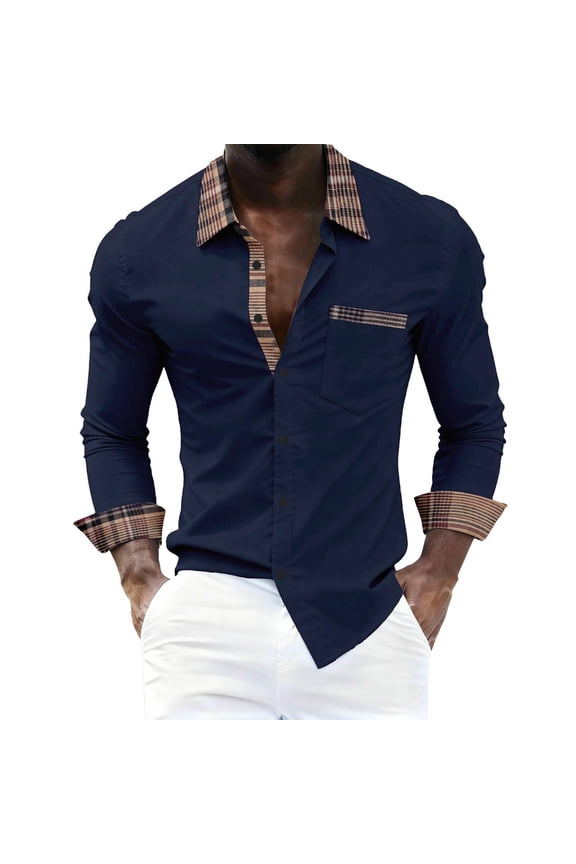 Mens Dress Shirts Long Sleeve Patchwork Button Up Shirt Casual Work Shirts for Men (Available In Big & Tall) Navy XL