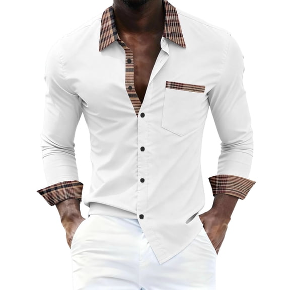 Stamzod Mens Dress Shirts Long Sleeve Patchwork Button Up Shirt Casual Work Shirts for Men (Available In Big & Tall) White M
