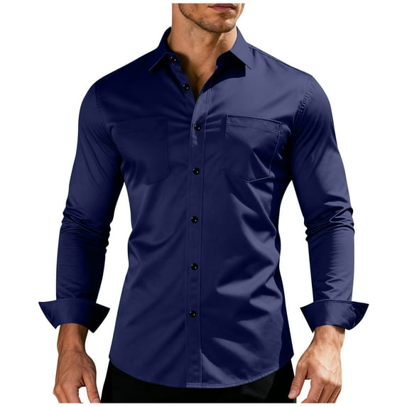Stamzod Mens Dress Shirts Long Sleeve Solid Classic Wrinkle-Free Shirts Business Casual Button Up Shirt Men Office Clothes Blue-1 L