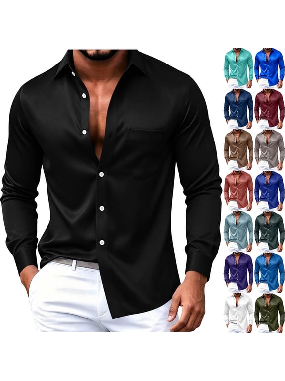 Mens Dress Shirts Long Sleeve Stretch Wrinkle Free Button Up Shirt Business Wedding formal Silk Satin Shirt Blue XL