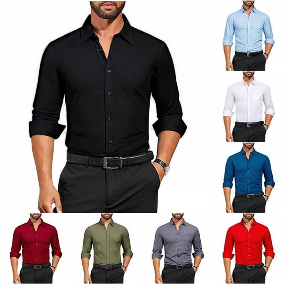 Stamzod Mens Dress Shirts Solid Color Turndown Long Sleeve Button Up Shirt Men Officewear Business Casual Work Shirts Black E M