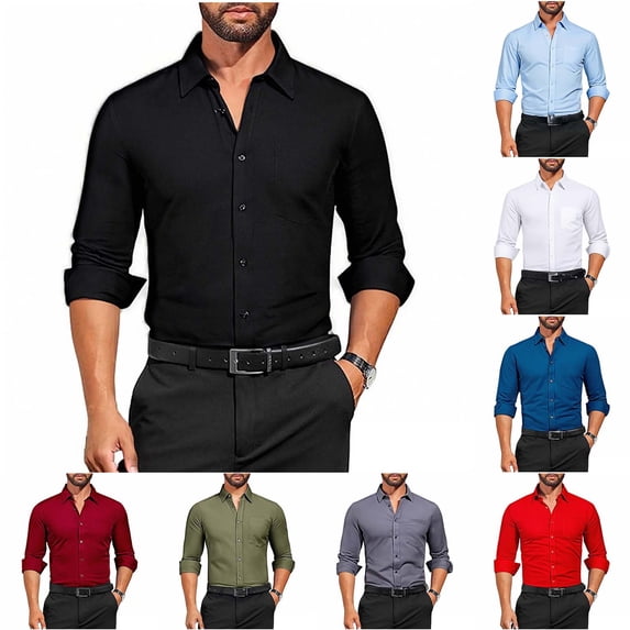 Stamzod Mens Dress Shirts Solid Color Turndown Long Sleeve Button Up Shirt Men Officewear Business Casual Work Shirts Red E XL