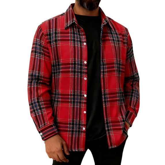 Stamzod Mens Fall Fashion Plaid Shirt Long Sleeve Collared Button Down Shirt Men Casual Shackets Red S