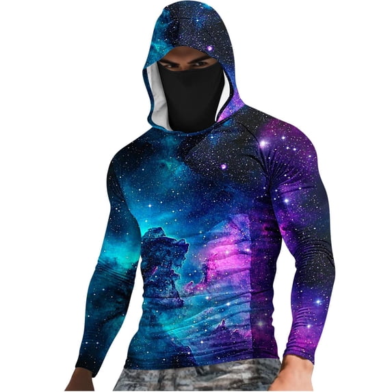 Stamzod Mens Fishing Hoodie Printed Long Sleeve Rash Guard with Face Mask Lightweight Uv Protection Shirts Multicolor W XXXL