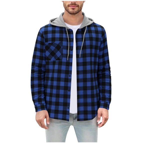 Stamzod Mens Flannel Shirts Long Sleeve Casual Plaid Shirt Hooded Button Up Shirt Men Fall Fashion Tops Blue-2 M
