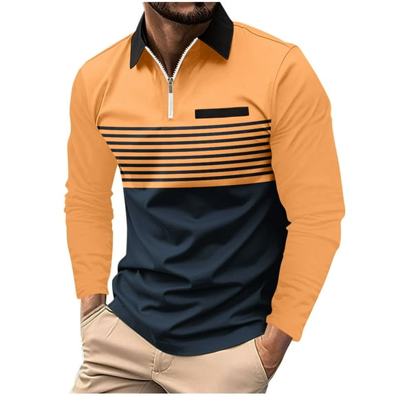 Stamzod Mens Golf Shirts 1/4 Zip Up Long Sleeve Business Work Casual Muscle Shirts Stripe Patchwork Slim Fit Performance Dress Shirt