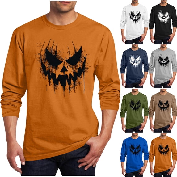 Stamzod Mens Graphic T-Shirts Fashion Casual Halloween Shirt Crew Neck Long Sleeve Oversized Tshirts for Men 4XL