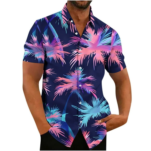 Stamzod Mens Hawaiian Shirt Casual Palm Printed Button Down Shirts Summer Short Sleeve Vacation Tropical Beach Clothes Plus Size Men's Shirts Multicolor H M