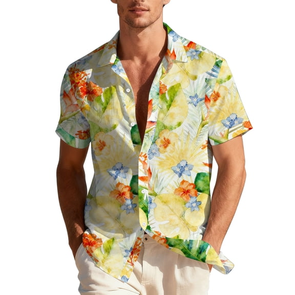 Stamzod Mens Hawaiian Shirt Short Sleeve Floral Palm Button Down Shirt Tropical Vacation Beach Shirts for Men Beige G XXXL