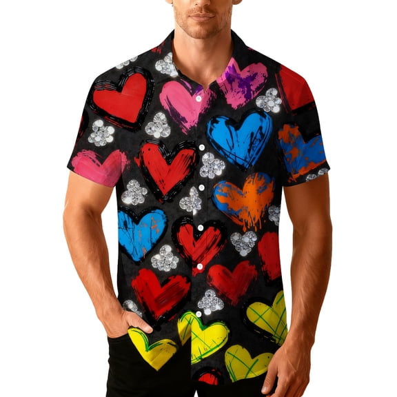 Stamzod Mens Hawaiian Shirts Short Sleeve Lover Heart Button Up Shirt Summer Beach Vacation Outfits Casual Mens Clothes Black B XL