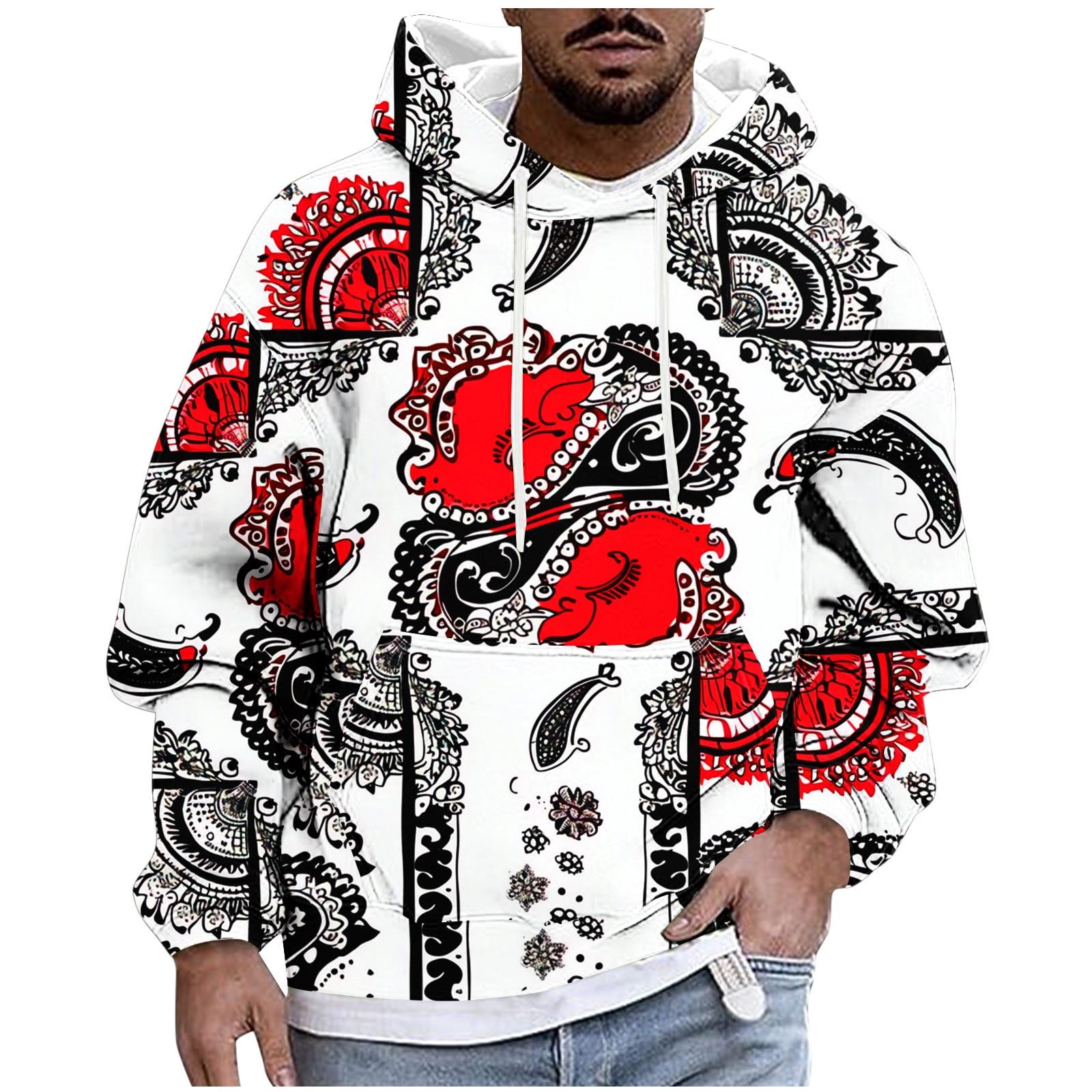 Stamzod Mens Hooded Sweatshirt Ethnic Style Print Long Sleeve