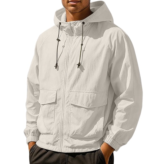 Stamzod Mens Lightweight Jackets Solid Color Long Sleeve Hooded Black Jacket Casual Oversized Outdoor Workout Windbreaker Men Outerwear Beige D L