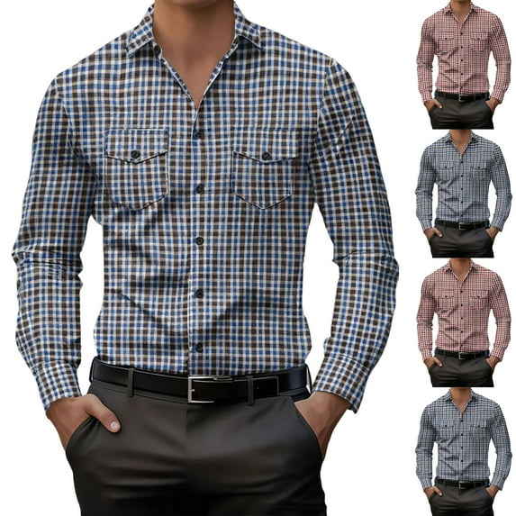 Stamzod Mens Long Sleeve Button Down Shirts Fashion Plaid Pritned Turndown Dress Shirt with Pocket Business Casual Shirts for Men Wine XL
