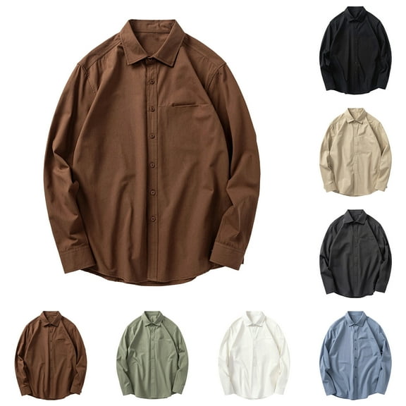 Stamzod Mens Long Sleeve Button Down Shirts Fashion Vintage Solid Color Turndown Shirt Casual Cotton Shirts for Men Coffee B XL
