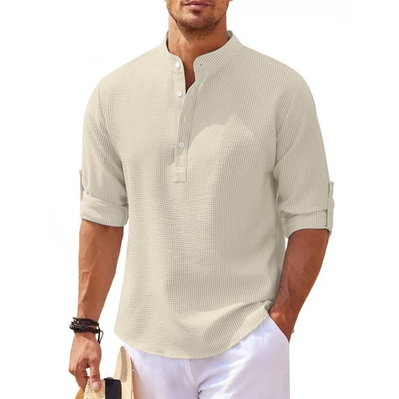 Stamzod Mens Long Sleeve Golf Shirts Button Down Ribbed Men Dress Shirts Loose Fit Plus Size Comfy Causal Beach Wedding Shirts on Clearance