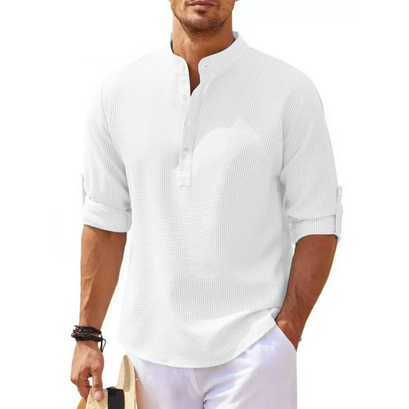 Stamzod Mens Long Sleeve Golf Shirts Button Down Ribbed Men Dress Shirts Loose Fit Plus Size Comfy Causal Beach Wedding Shirts