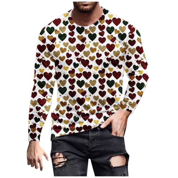 Stamzod Mens Long Sleeve Shirt Casual Crewneck Valentines Lover Heart Gym Shirts Men Streetwear Long Sleeve Oversized T Shirt White C L
