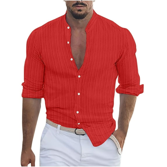 Stamzod Mens Long Sleeve Shirt Cotton Linen Button Down Ribbed Causal Men Shirts Slim Fit Comfy Solid Vacation Beach Shirts
