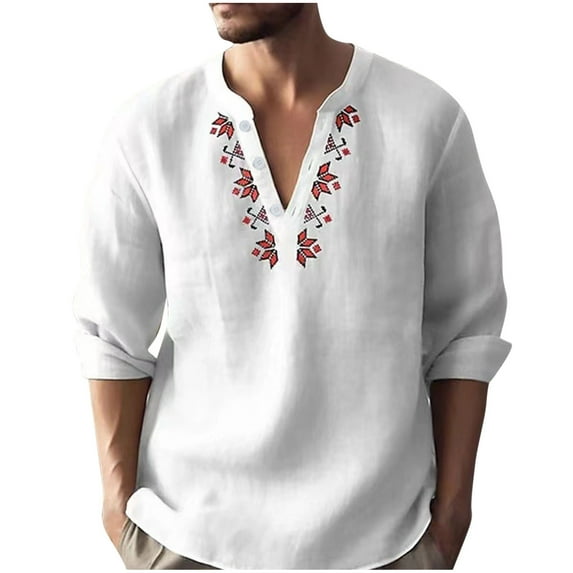 Stamzod Mens Long Sleeve Shirt Fashion Flower Printed V Neck Beach Vacation Shirts Spring and Fall Casual Cotton and Linen Shirts for Men White M