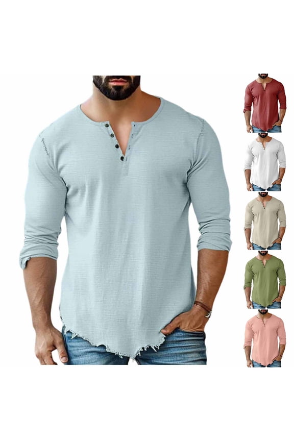 Mens Long Sleeve Tee Shirts Casual Henley Button Oversized Tshirts Vintage Beach Vacation Cotton Shirts Army Green XXL