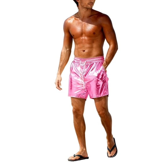 Stamzod Mens Metallic Shorts Shiny Sparkly Swim Trunks Shorts Bathing Suit with Pockets Dance Party Short Pink M
