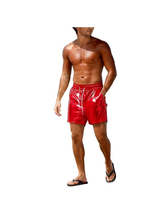 Mens Metallic Shorts Shiny Sparkly Swim Trunks Shorts Bathing Suit with Pockets Dance Party Short Red M