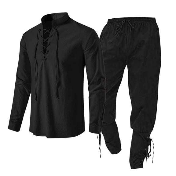Stamzod Mens Outfits 2 Piece Lace Up Design Long Sleeve Shirt and Drawstring Waist Pant Lounge Sets for Men Cotton Soft Spring Fall Clothing Set