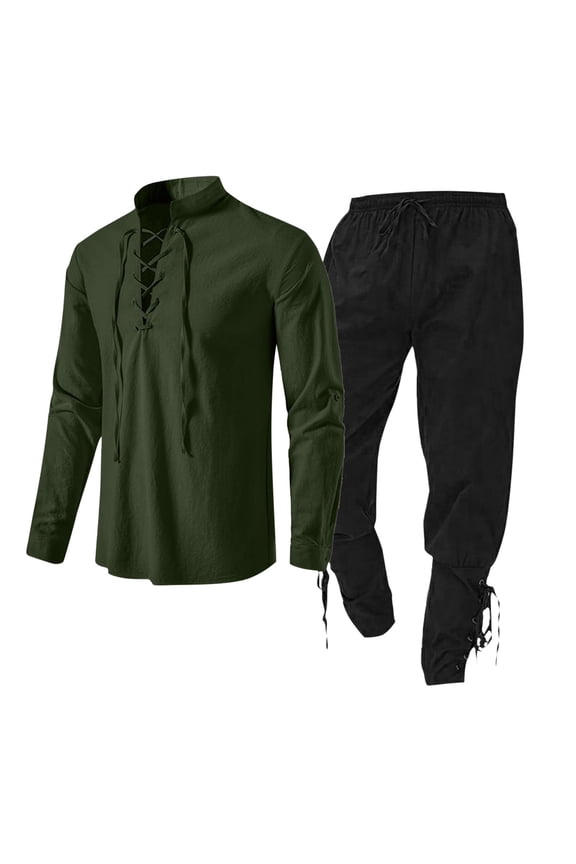 Mens Outfits 2 Piece Lace Up Design Long Sleeve Shirt and Drawstring Waist Pant Lounge Sets for Men Cotton Soft Spring Fall Clothing Set