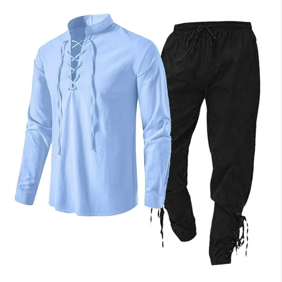 Stamzod Mens Outfits 2 Piece Lace Up Design Long Sleeve Shirt and Drawstring Waist Pant Lounge Sets for Men Cotton Soft Spring Fall Clothing Set