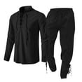 thumbnail image 1 of Stamzod Mens Outfits 2 Piece Lace Up Design Long Sleeve Shirt and Drawstring Waist Pant Lounge Sets for Men Cotton Soft Spring Fall Clothing Set, 1 of 2