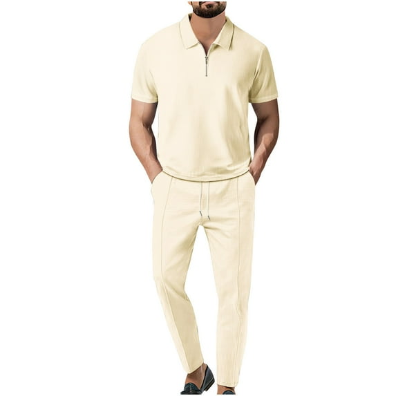 Stamzod Mens Outfits 2 Piece Short Sleeve Half Zip Shirt and Pant Lounge Sets for Men Ribbed Breathable Solid Plus Size Men Beach Outfits Sets