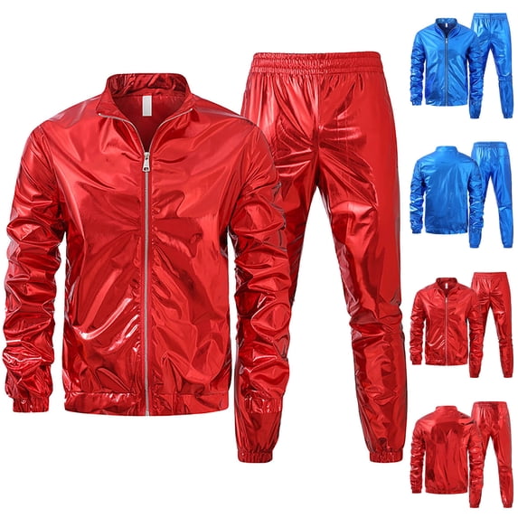 Stamzod Mens Outfits 2 Piece Solid Color Long Sleeve Stage Performance Jacket and Pants Cool Fashion Plus Size Track Suits Mens Activewear Blue-5 XXXXXL