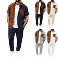 thumbnail image 1 of Stamzod Mens Outfits Casual 2 Piece Sweat Suit Color Block Short Sleeve Button Up Shirt Jacket and Long Pants Men's Clothing Sets, 1 of 8