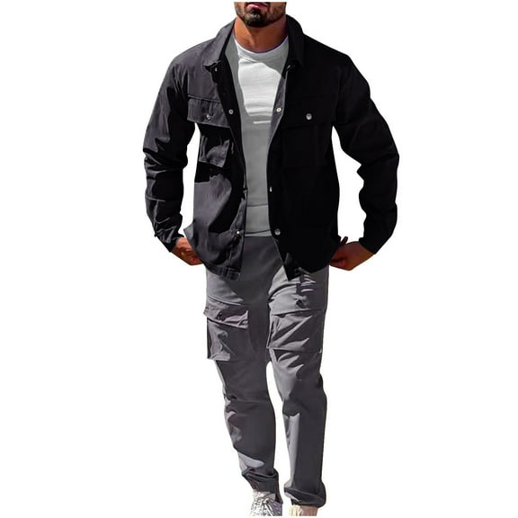Stamzod Mens Outfits with Multi Pockets Long Sleeve Working Jackets and Tapered Tactical Pants Casual Tracksuit 2 Piece Button Up Sweatsuits for Men