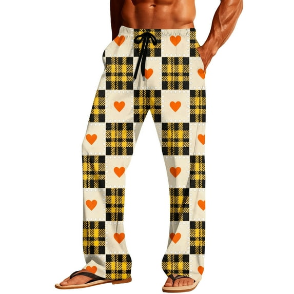 Stamzod Mens Pajama Pants with Pockets Love Heart Plaid Summer Straight Leg Pajamas Men Casual Oversized Soft Sleep Pants Brown XXXL