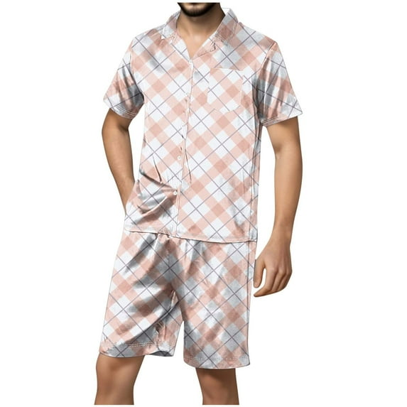 Stamzod Mens Pajama Set Satin Short Sleeve Button Down Sleepwear and Pajama Bottoms Men Short Sets Outfits Plaid Print Soft Comfy Nightwear