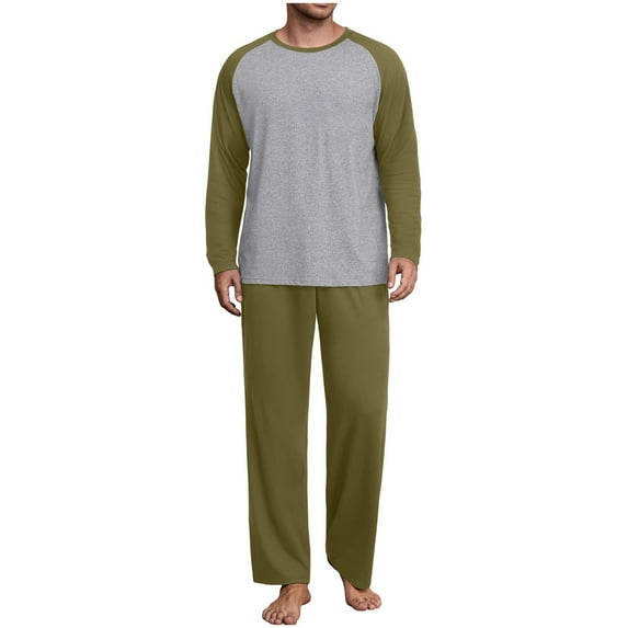 Stamzod Mens Pajamas Set Patchwork Casual Long Sleeve T Shirts Loose Pajama Pants Plus Size Men's Sleepwear 2 Piece Army Green XXXL
