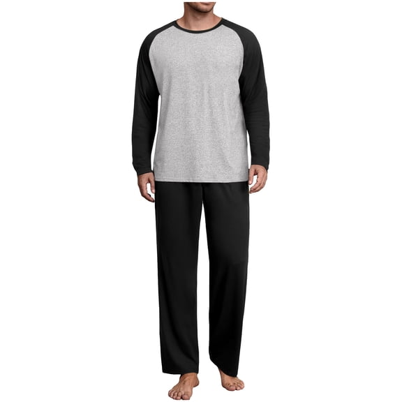 Stamzod Mens Pajamas Set Patchwork Casual Long Sleeve T Shirts Loose Pajama Pants Plus Size Men's Sleepwear 2 Piece Black XXXL