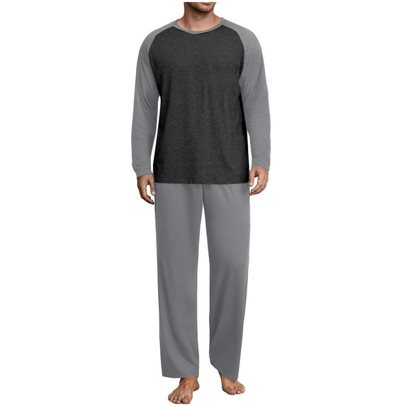 Stamzod Mens Pajamas Set Patchwork Casual Long Sleeve T Shirts Loose Pajama Pants Plus Size Men's Sleepwear 2 Piece Dark Gray XL