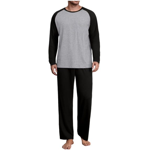 Stamzod Mens Pajamas Set Patchwork Casual Long Sleeve T Shirts Loose Pajama Pants Plus Size Men's Sleepwear 2 Piece Gray M
