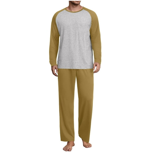 Stamzod Mens Pajamas Set Patchwork Casual Long Sleeve T Shirts Loose Pajama Pants Plus Size Men's Sleepwear 2 Piece Yellow XL