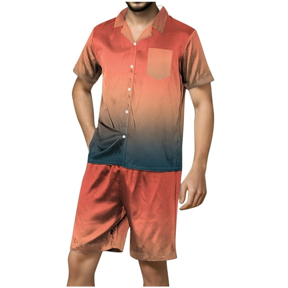 Stamzod Mens Pajamas Set Satin Soft Button Down Short Sleeve Shirt and Shorts Sets Outfits Gradient Color Mens Sleepwear with Front Fly Pockets