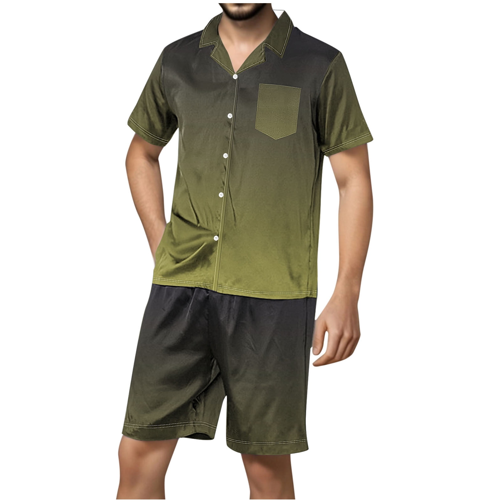 Stamzod Mens Pajamas Set Satin Soft Button Down Short Sleeve Shirt