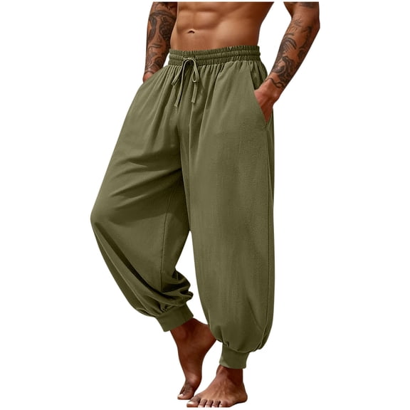 Stamzod Mens Pants 2026 Trendy Fashion Solid Color Boho Imitation Cotton Linen Pants Men Casual Vacation Beach Sweatpants with Pocket Army Green B XXL