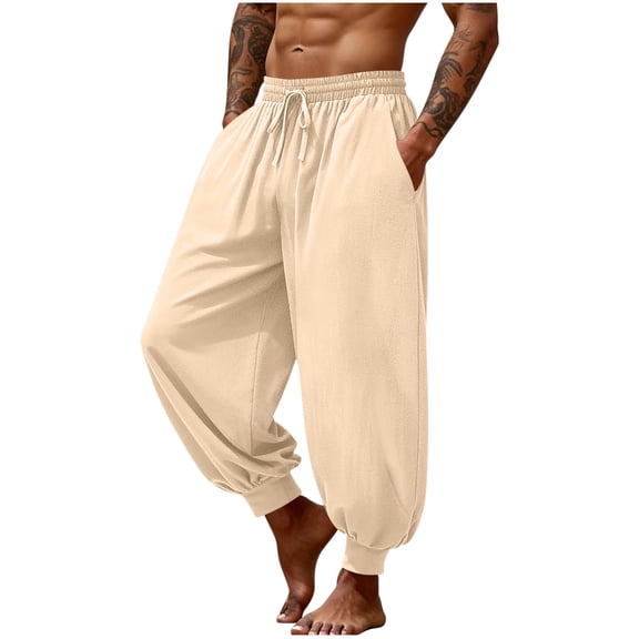 Stamzod Mens Pants 2026 Trendy Fashion Solid Color Boho Imitation Cotton Linen Pants Men Casual Vacation Beach Sweatpants with Pocket Beige B XXL